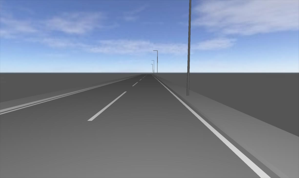 Perspectiva de modelo digital de iluminação viária; simulação, não fotografia de obra.